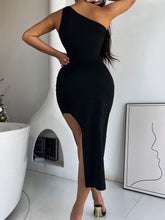 SXY Ladies' Solid Color One Shoulder Split Hem Hollow Out Dress